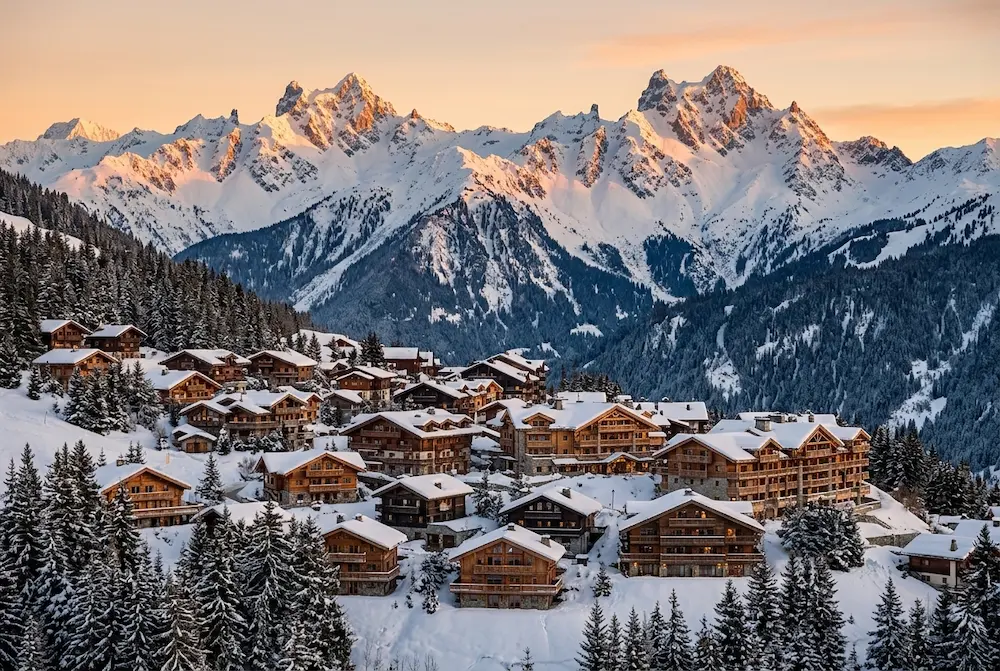 Courchevel 1850 surrounded by snow-covered French Alpine mountains