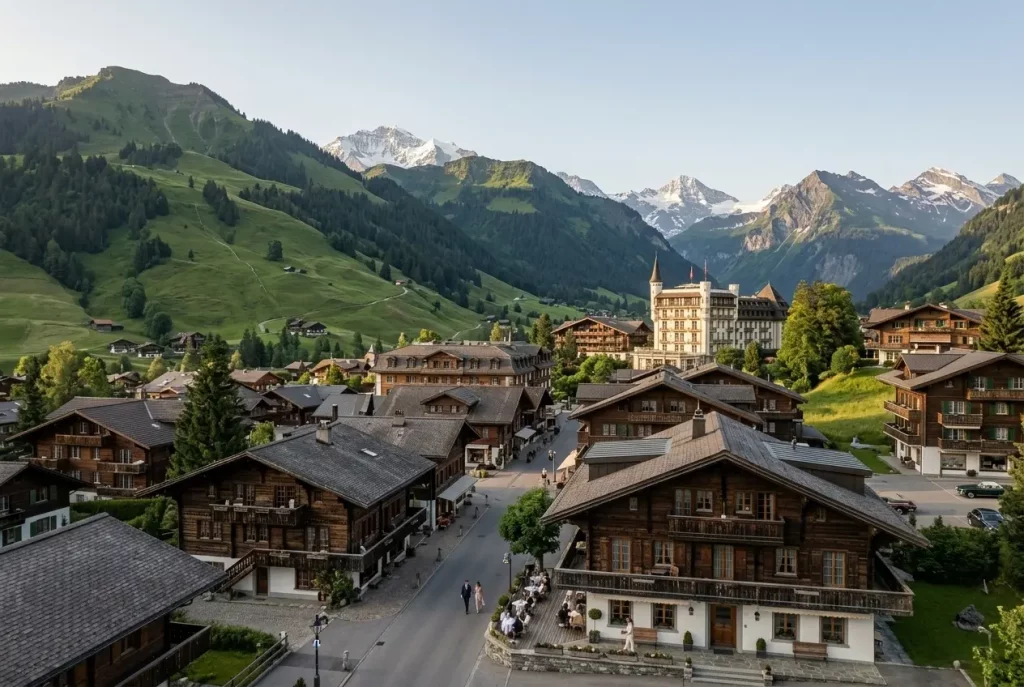 Gstaad village and surrounding Alpine mountains in Switzerland