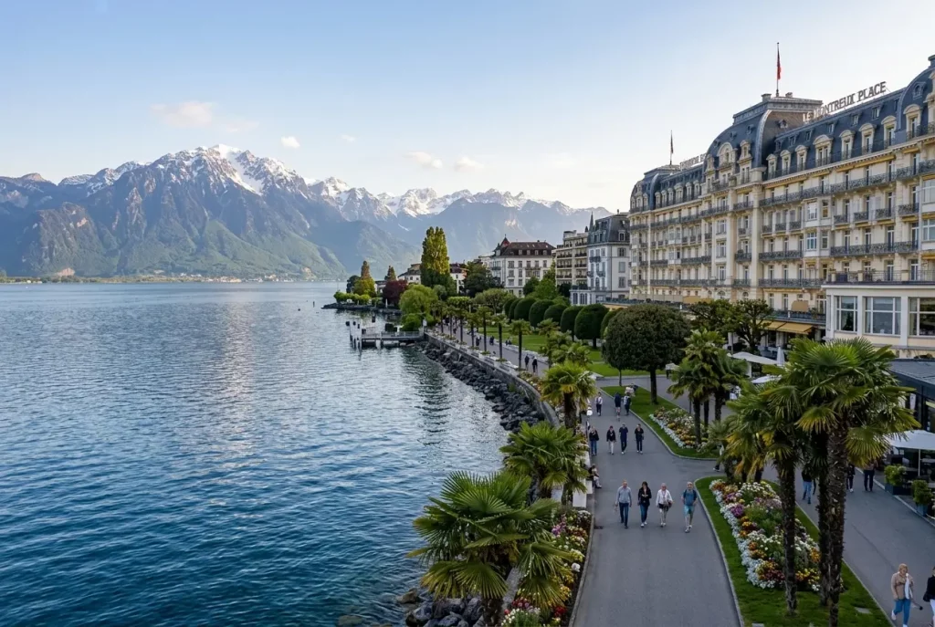 Montreux waterfront on Lake Geneva with the Alps in the background