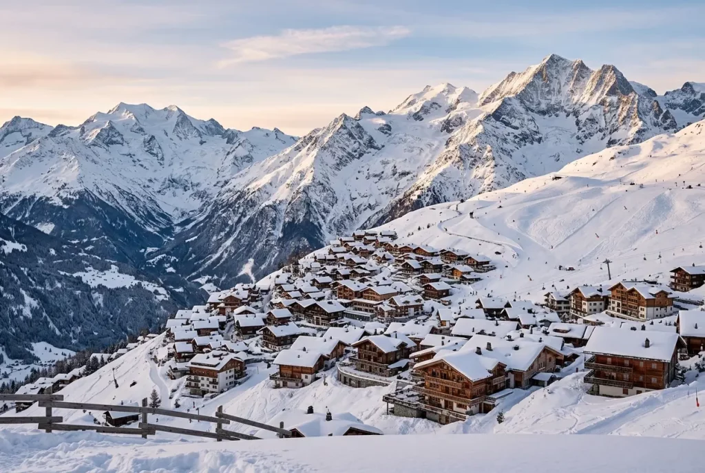 Verbier resort surrounded by the Swiss Alps in Valais