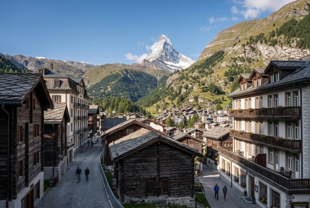 Zermatt village beneath the Matterhorn in the Swiss Alps