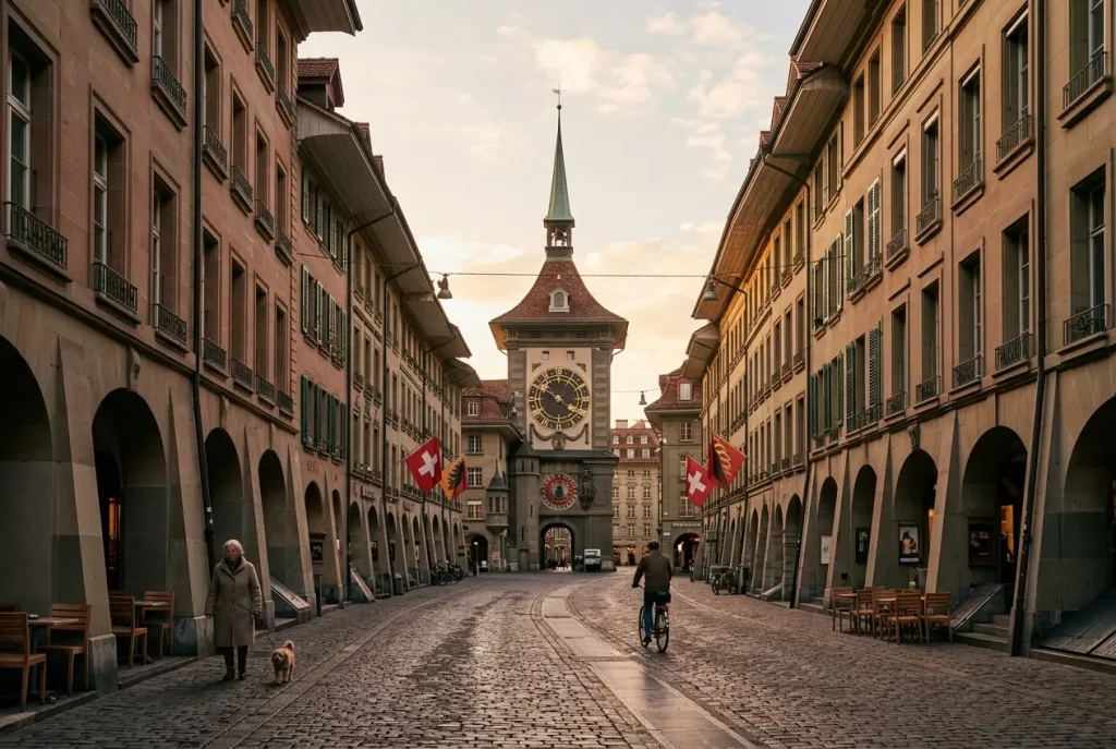 Zytglogge and historic arcades in Bern Old Town