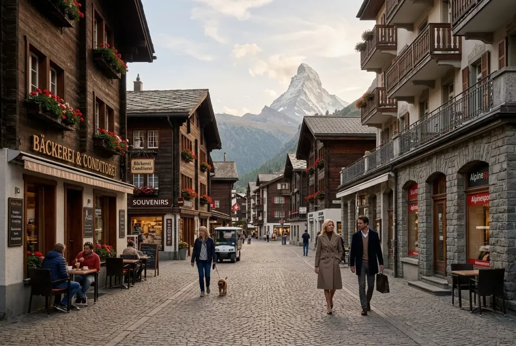 Car-free village streets in Zermatt with the Matterhorn in the background