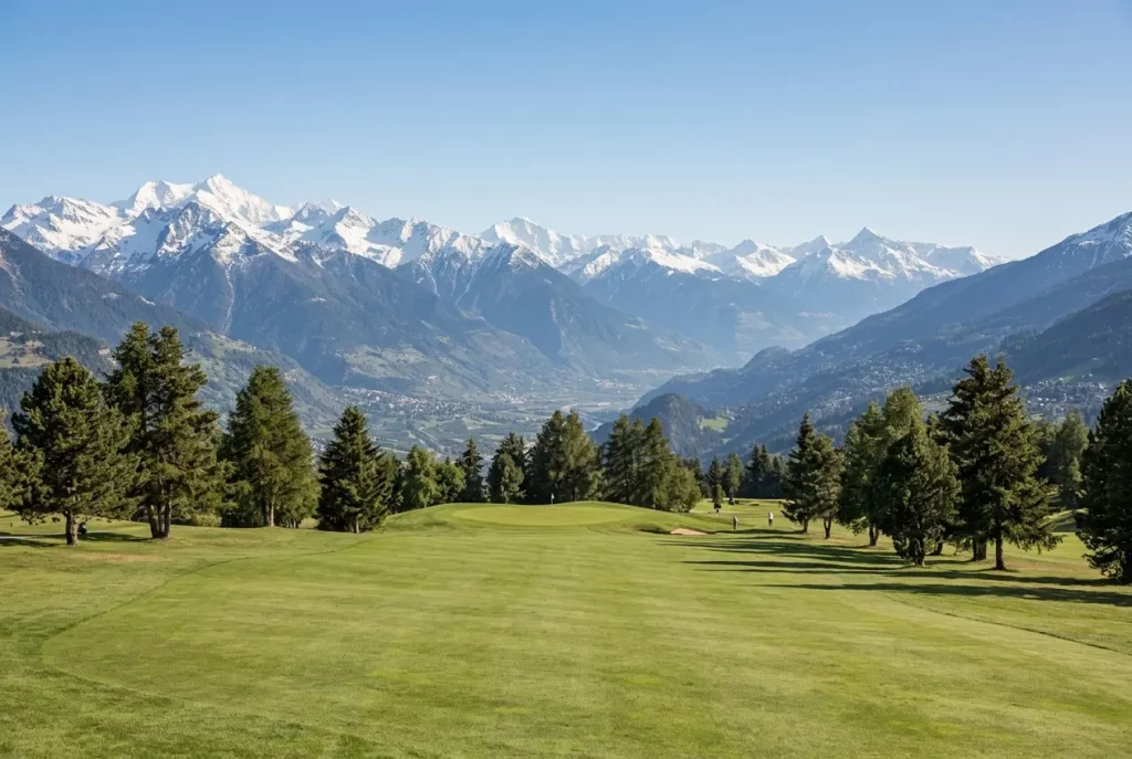 Alpine golf course in Crans-Montana with the Valais mountains in the background