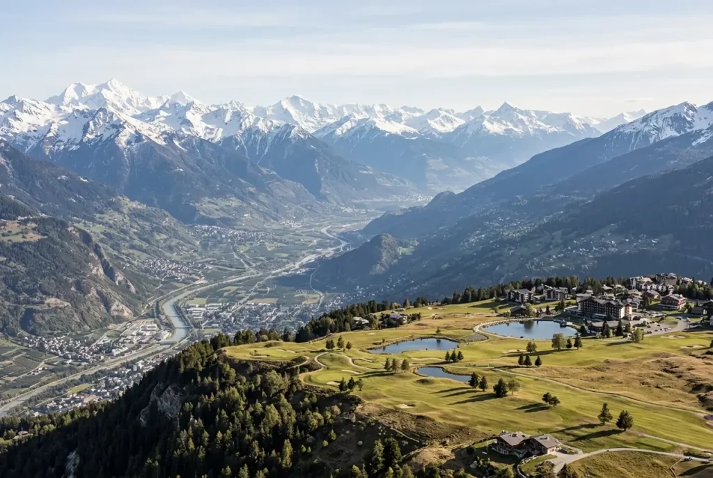 Panoramic view from Crans-Montana across the Rhône Valley and Valais Alps