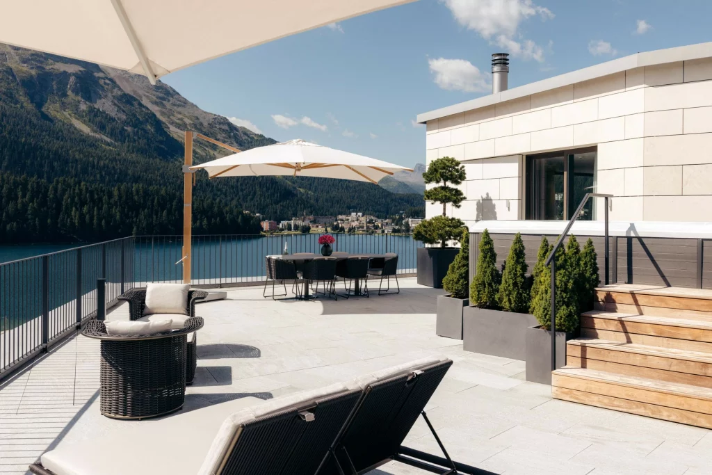 Penthouse terrace overlooking Lake St. Moritz at Grace La Margna