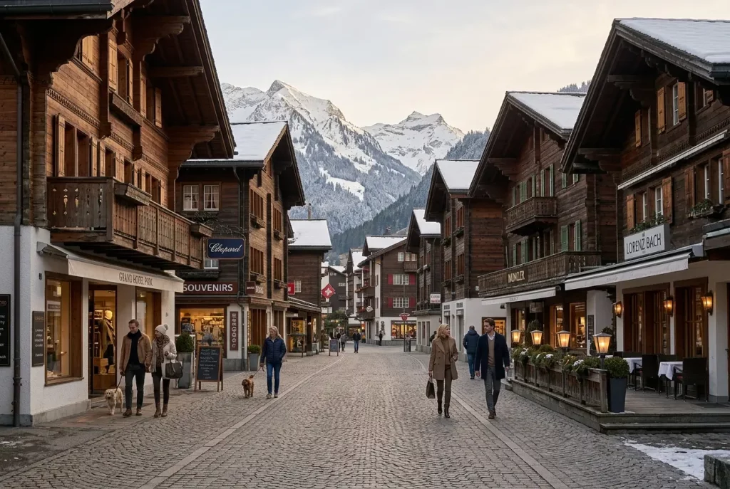 Pedestrianised Promenade and chalet architecture in Gstaad