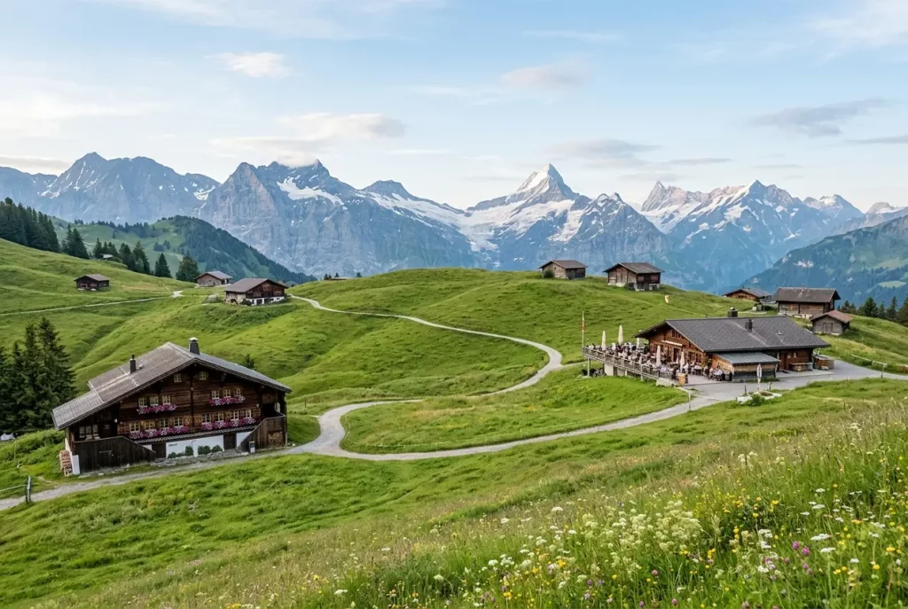 Green Alpine landscape and mountain trails around Gstaad in summer