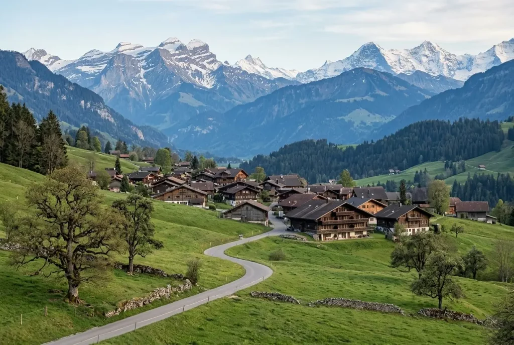 Swiss Alpine landscape on the journey from Geneva to Gstaad
