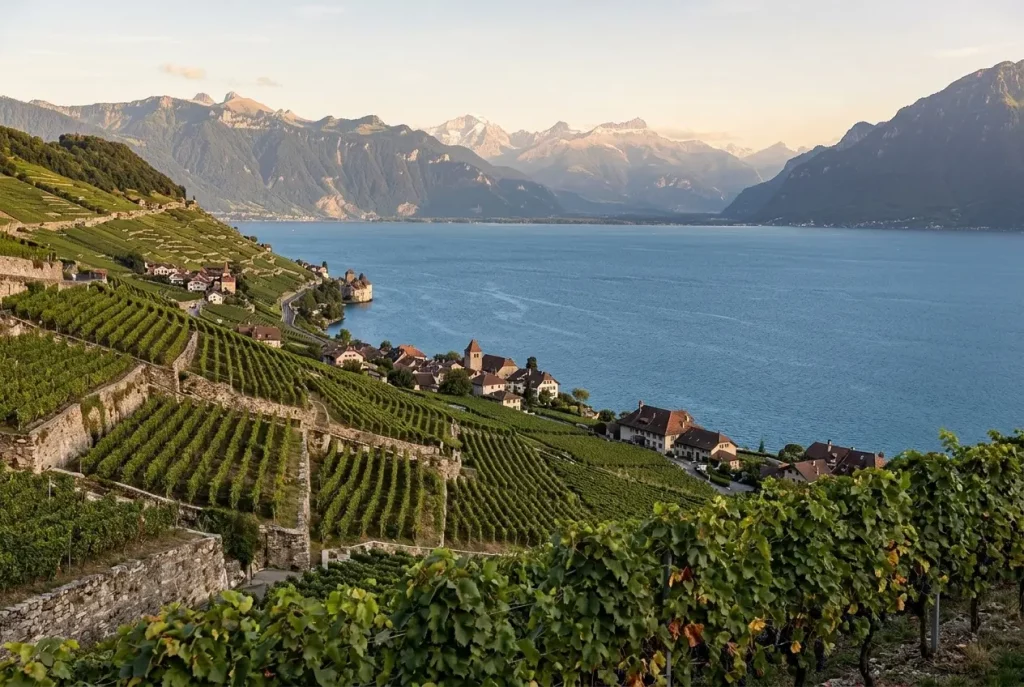 Lavaux vineyards overlooking Lake Geneva and the Alps