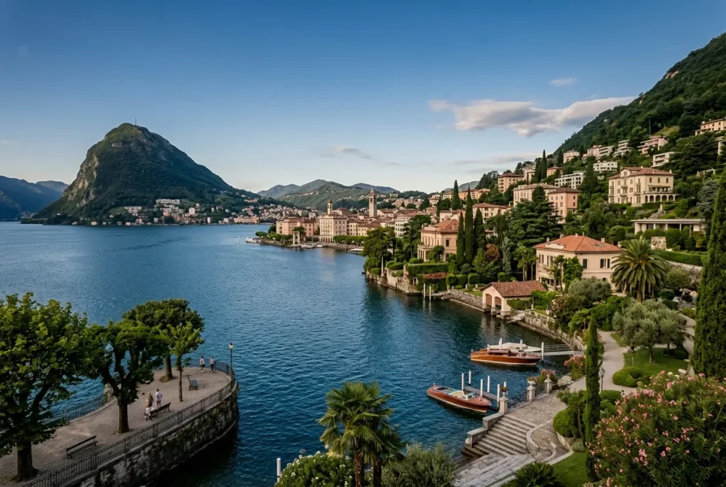 Lake Lugano surrounded by the mountains and landscapes of Ticino