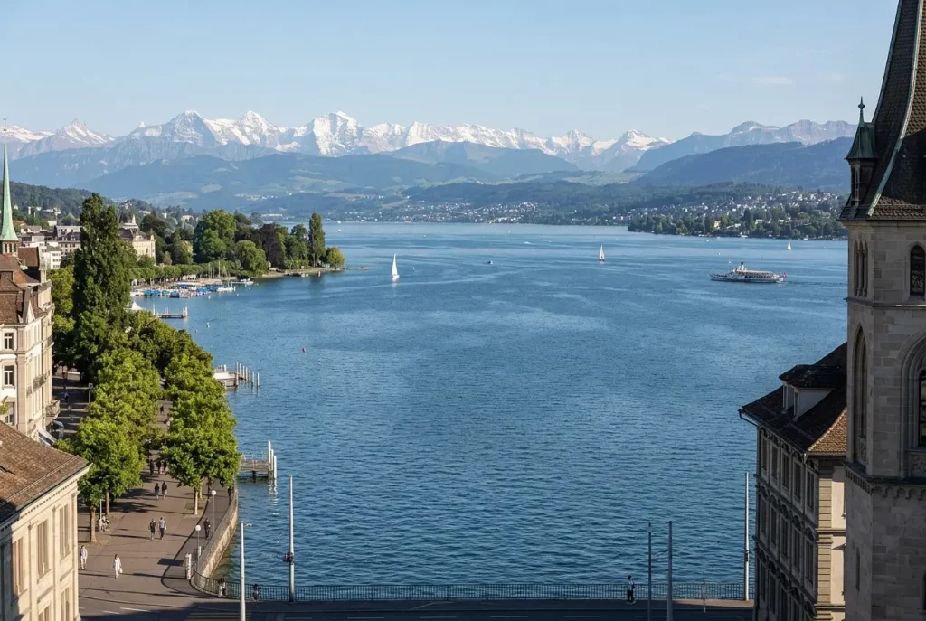 Lake Zurich and the Swiss Alps viewed from the city waterfront