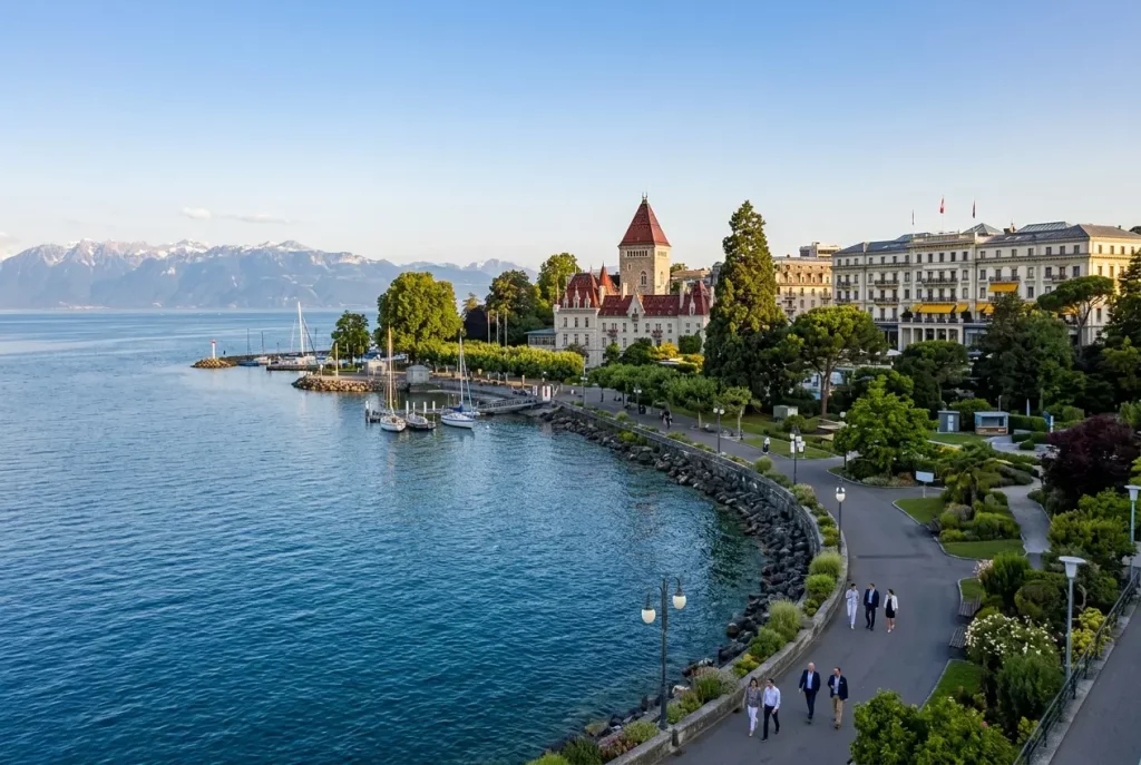 Ouchy lakefront in Lausanne overlooking Lake Geneva and the Alps