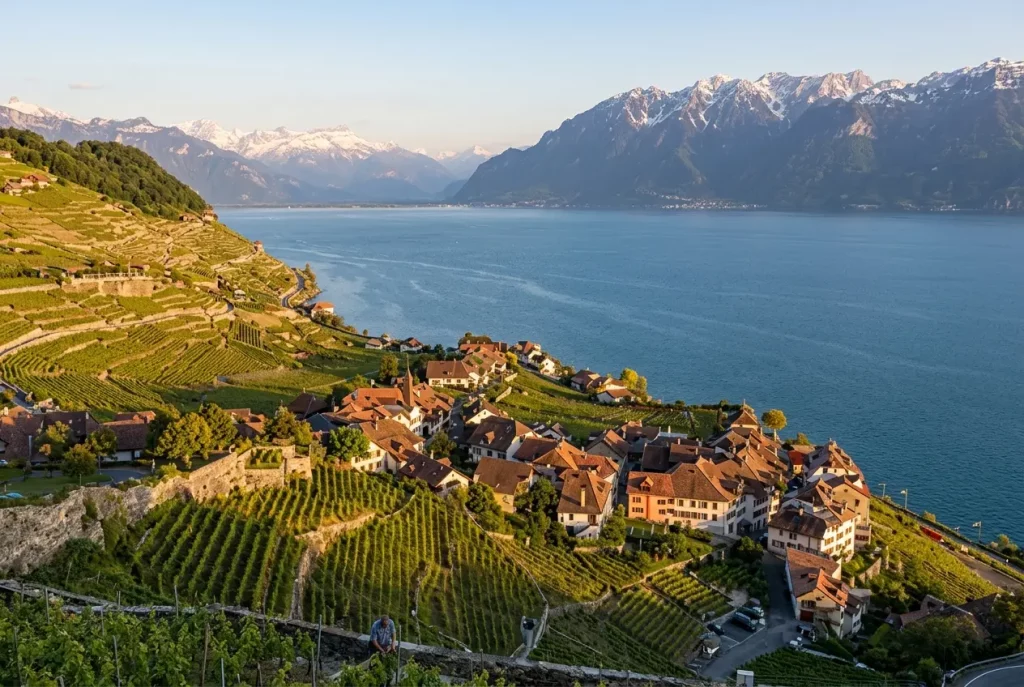 Lavaux vineyard terraces overlooking Lake Geneva near Lausanne