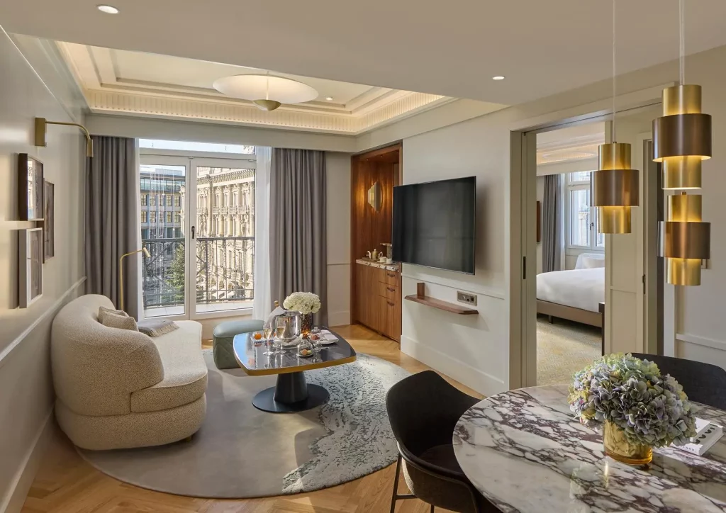 Corner Suite balcony overlooking Paradeplatz at Mandarin Oriental Savoy Zurich