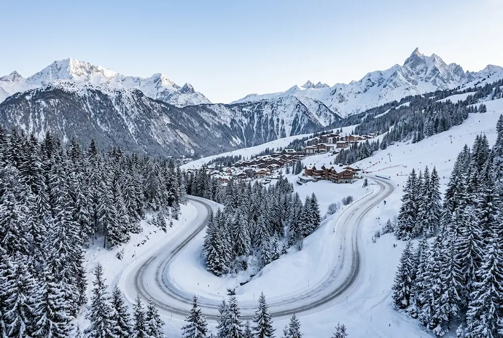 Mountain road approaching Courchevel in the French Alps