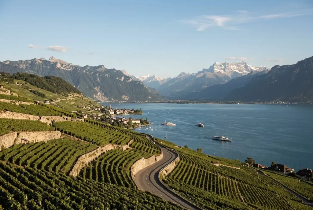 Swiss landscape on an onward journey from Geneva Airport toward the Alps