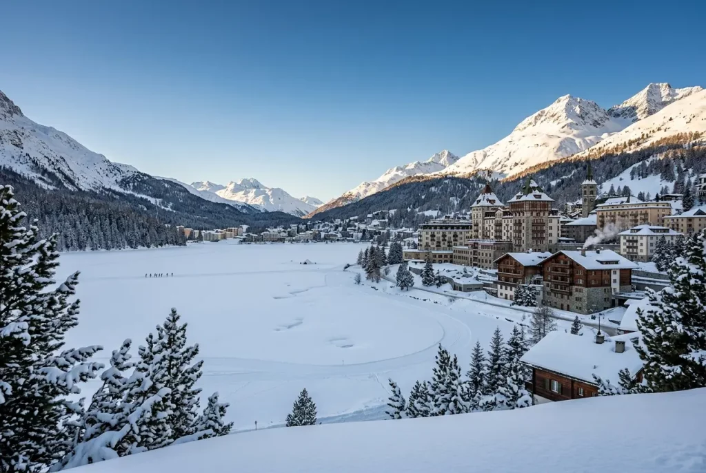 St. Moritz and its frozen lake surrounded by the Engadin Alps