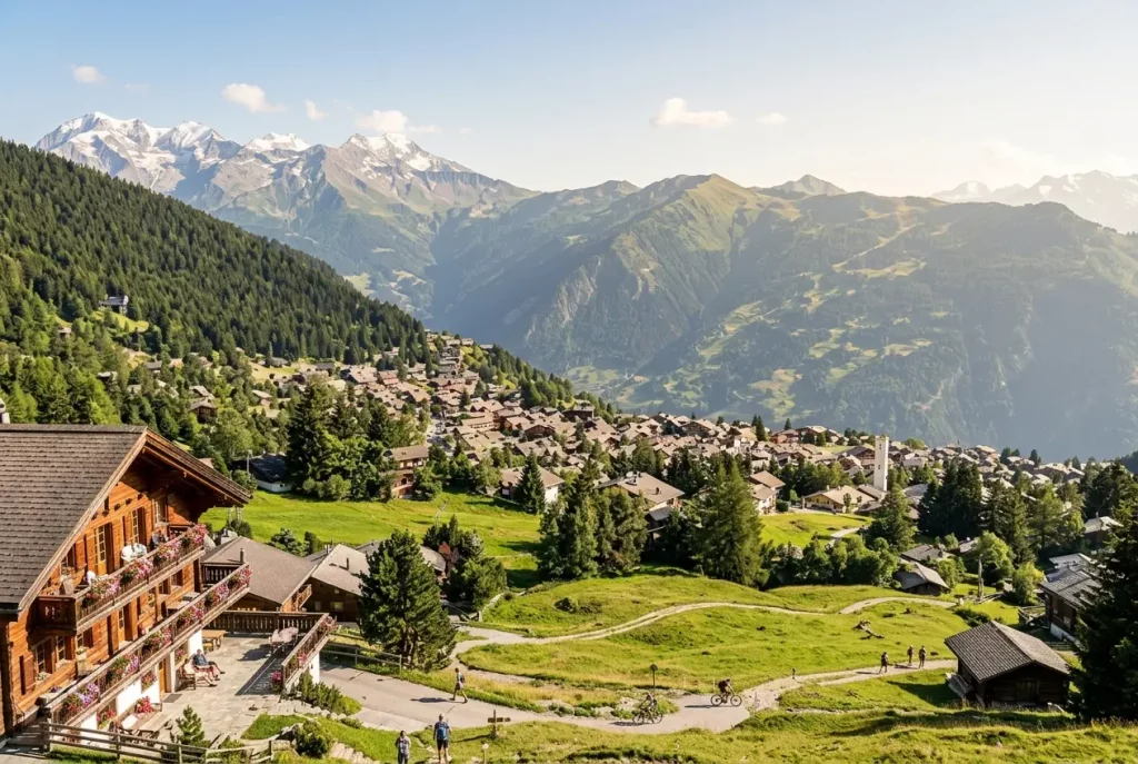 Green Alpine landscape and village of Verbier in summer
