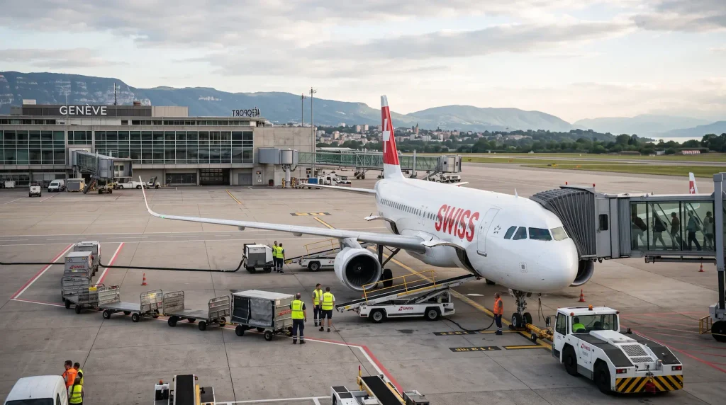 SWISS aircraft on the tarmac at Geneva Airport with the Alps in the background