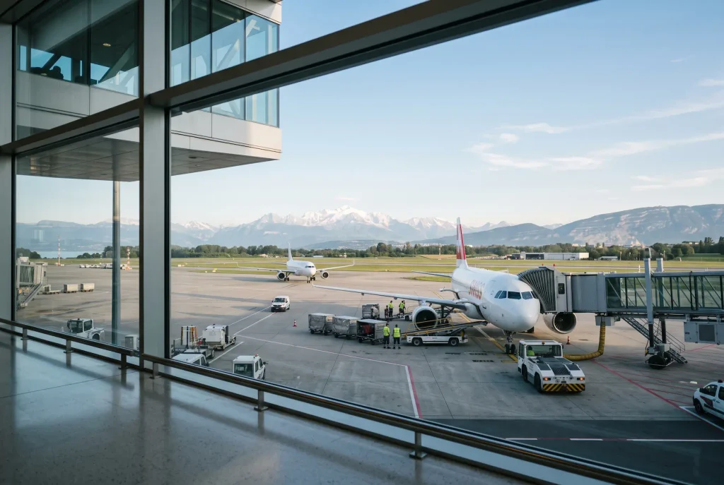 Aircraft on the tarmac at Geneva Airport with the Alps in the distance