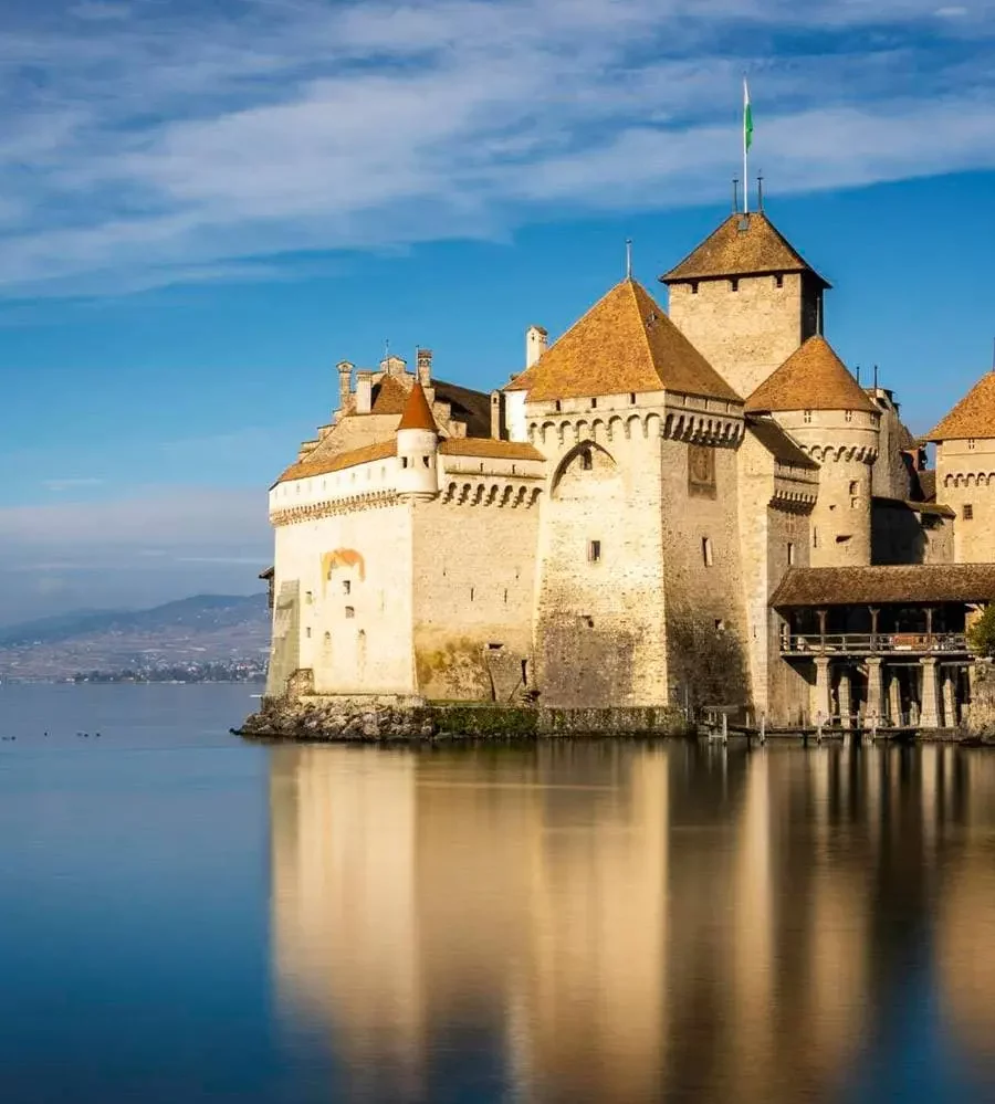 Beautiful view of chateau de chillon and Lake Geneva