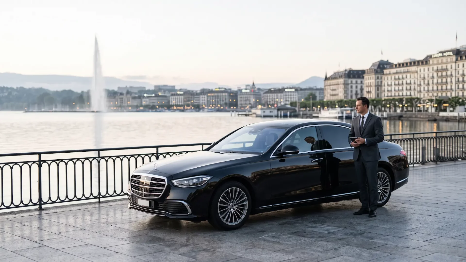 Black Mercedes-Benz S-Class providing chauffeur service in Geneva beside Lake Geneva