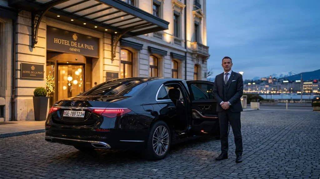 Private chauffeur waiting with a Mercedes-Benz S-Class in front of the Hotel de la Paix in Geneva