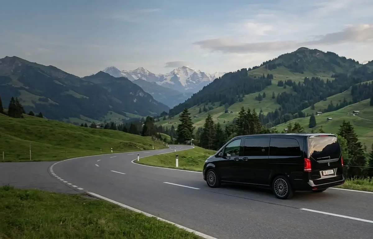 Black Mercedes-Benz V-Class for a private Geneva to Gstaad transfer
