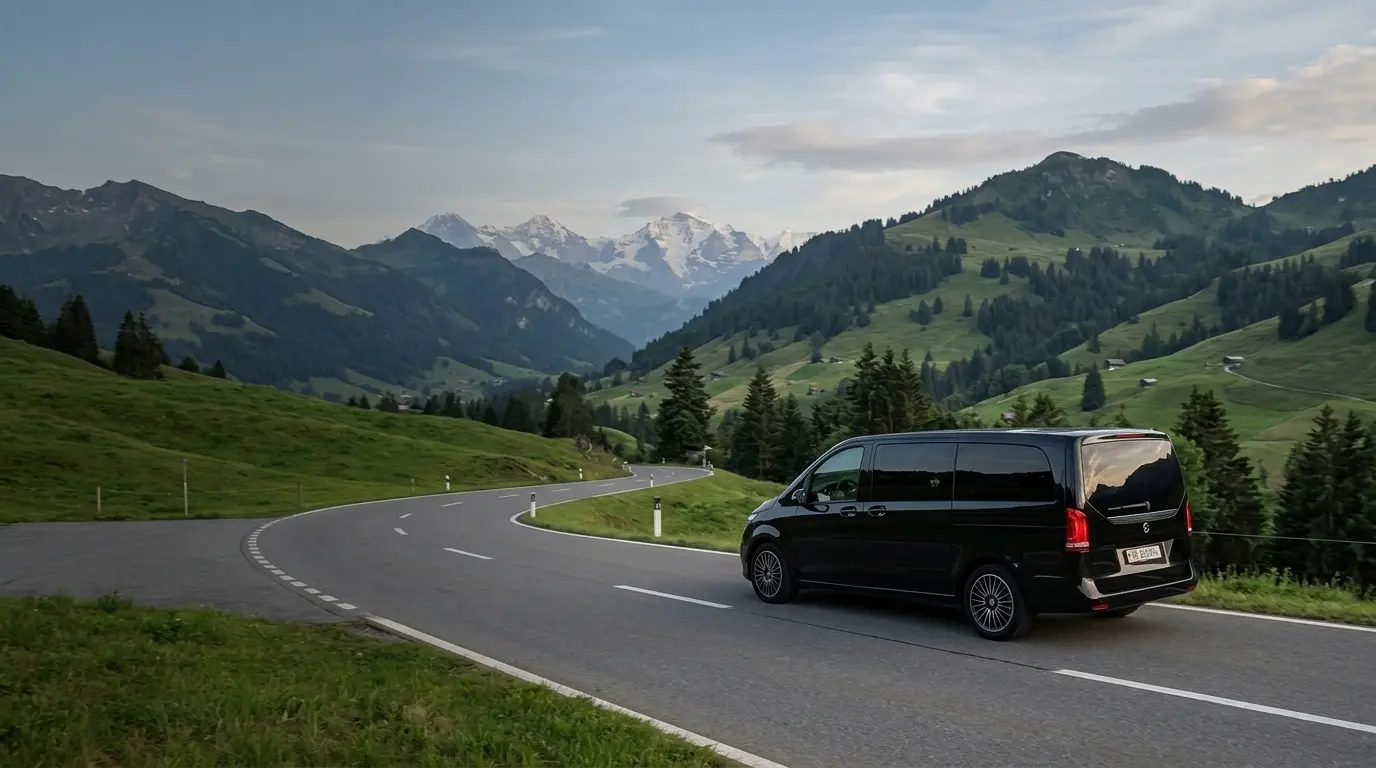 Black Mercedes-Benz V-Class for a private Geneva to Gstaad transfer