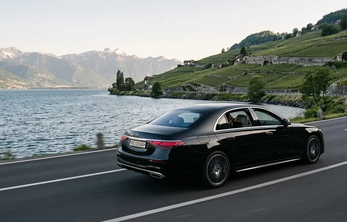 Black Mercedes-Benz S-Class on a Geneva to Montreux transfer