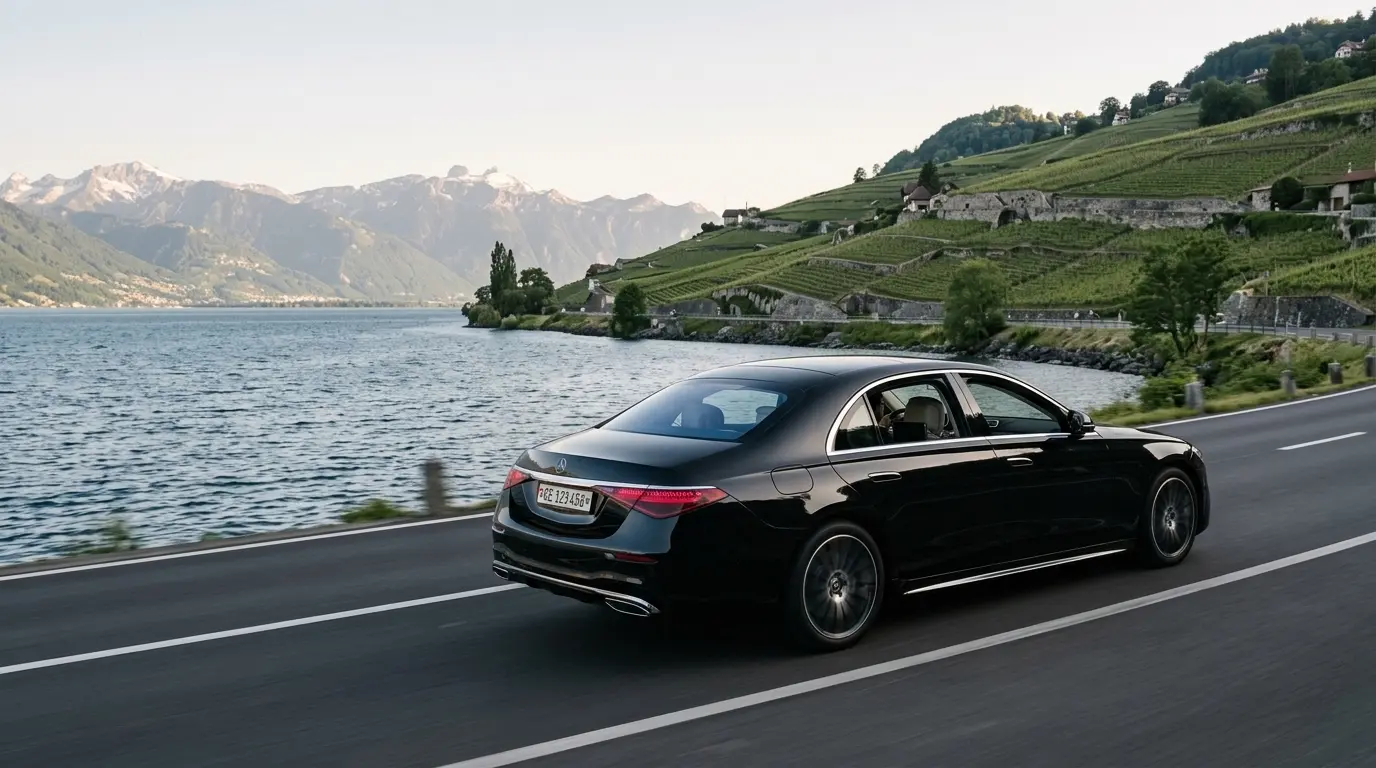 Black Mercedes-Benz S-Class on a Geneva to Montreux transfer