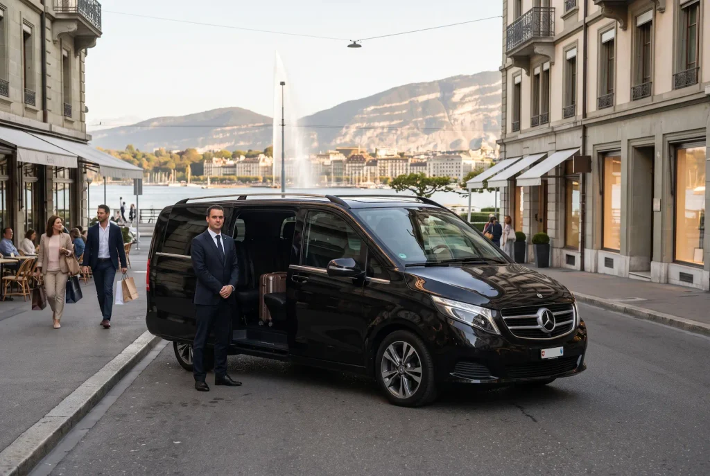 Mercedes-Benz V-Class with private chauffeur near the Geneva lakefront