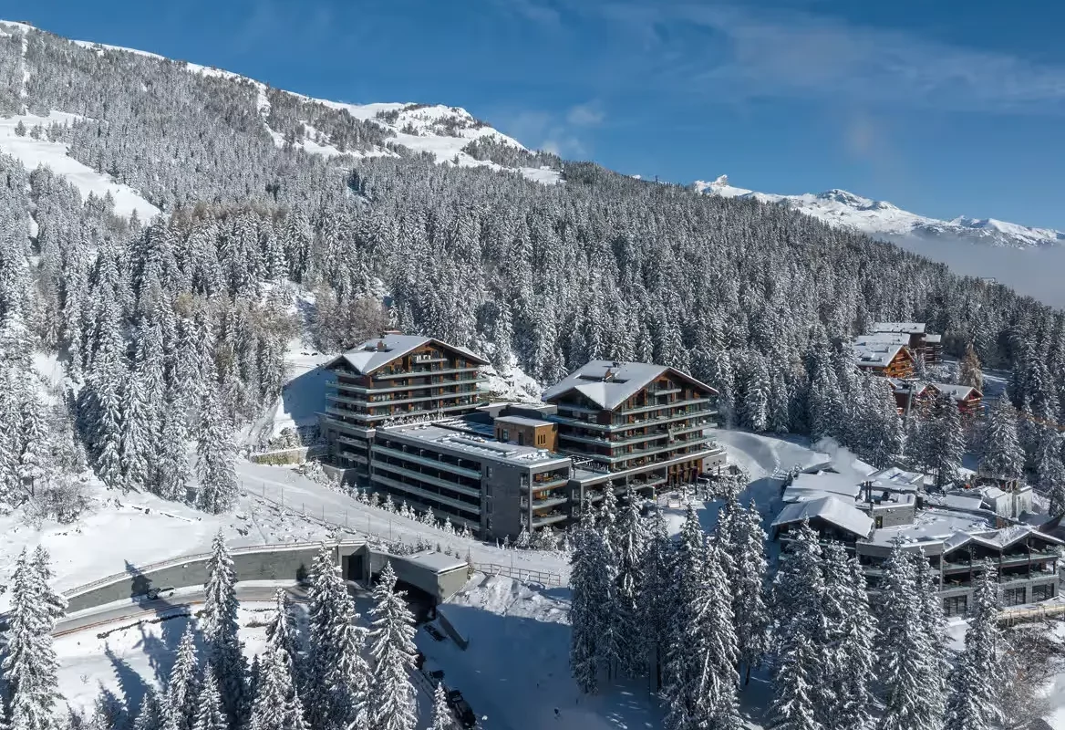 Aerial view of the Six Senses Crans-Montana Ski Hotel